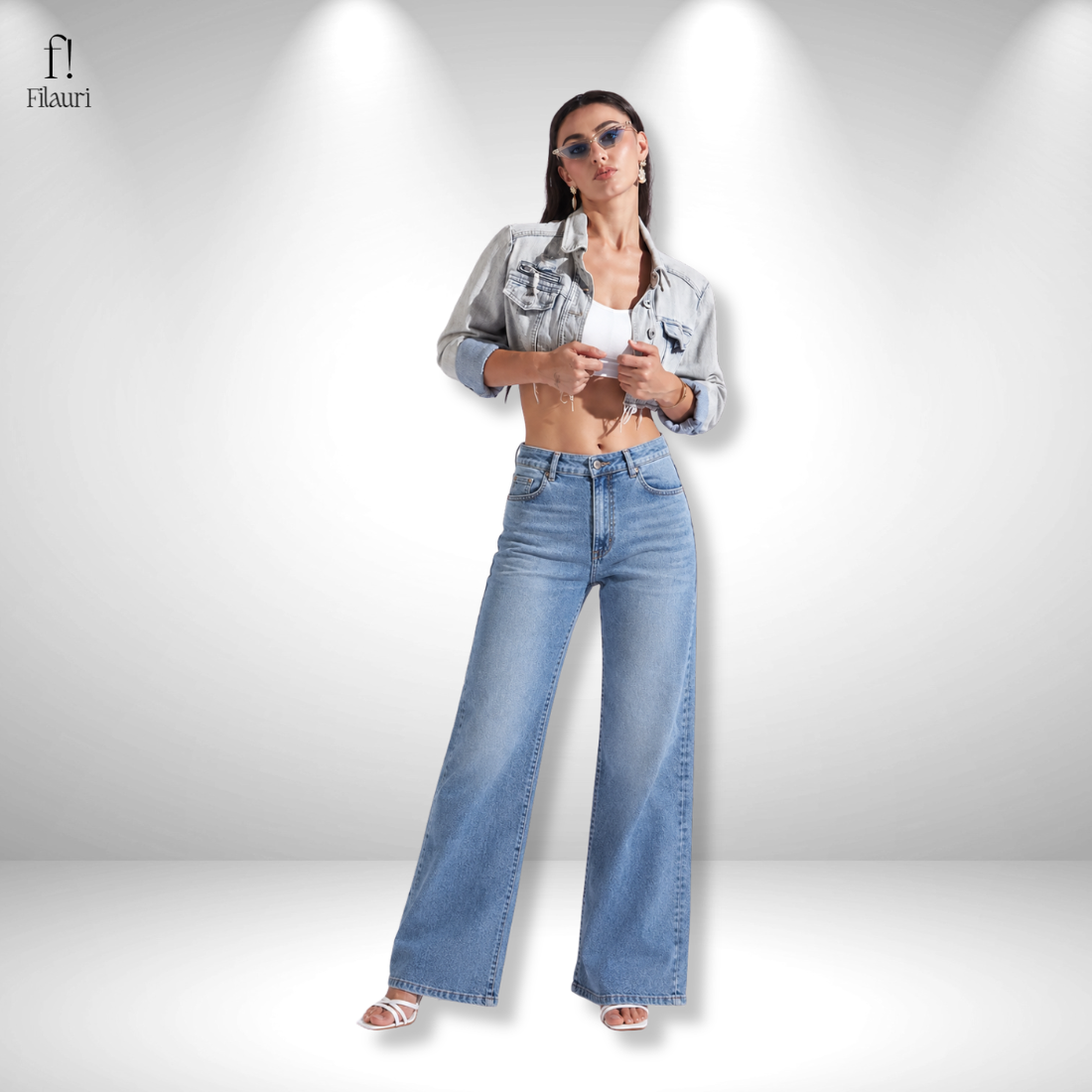 Filauri Women's High Rise Stretchable Wide Leg Jeans | Light Blue Wash