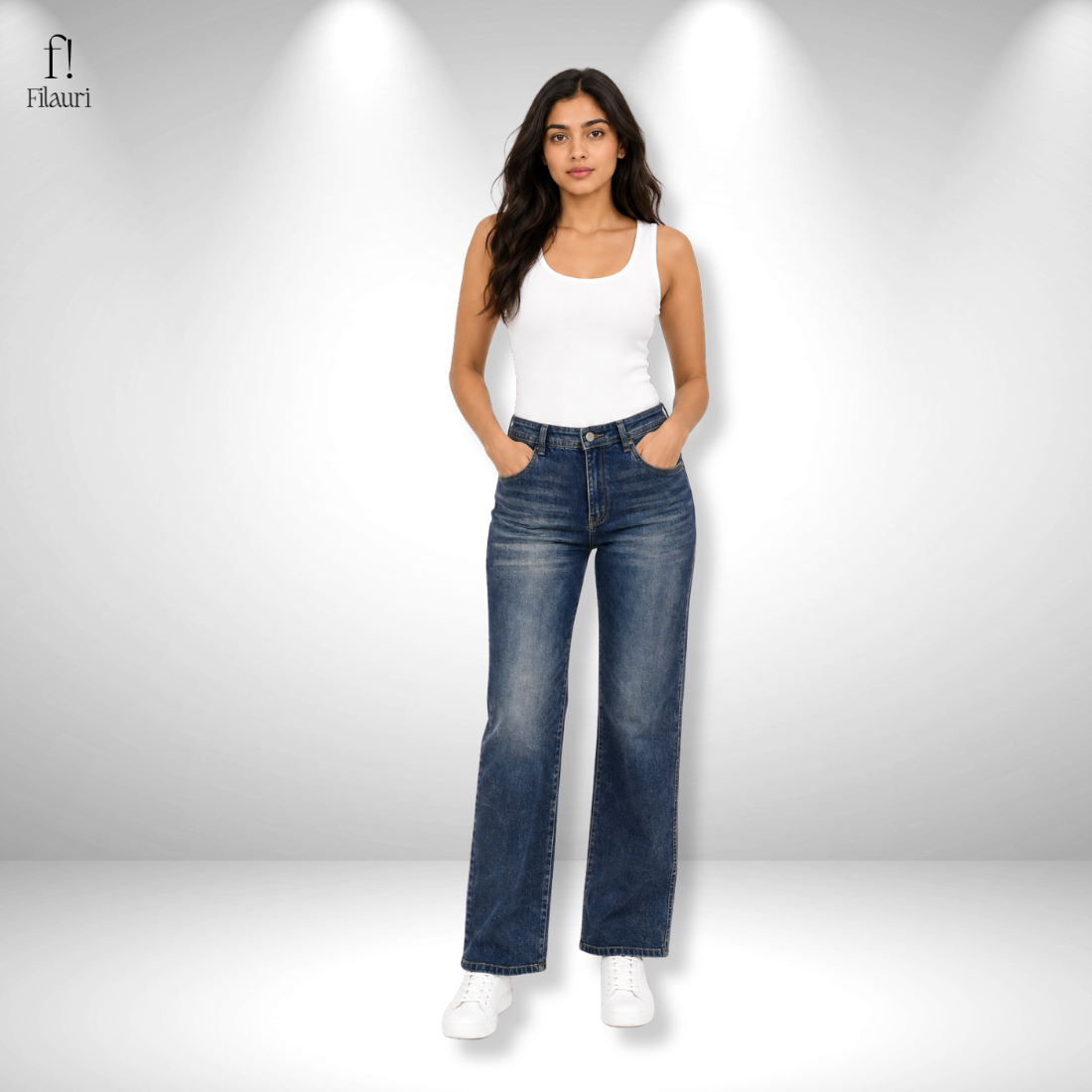 Filauri Women's Medium Blue High Rise Straight Fit Stretchable Jeans